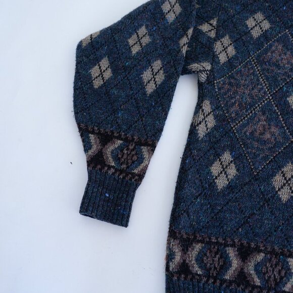 VTG 80s London Fog Blue Taupe Argyle Eclectic Grandpa Wool Crew Neck Sweater L - Picture 10 of 10
